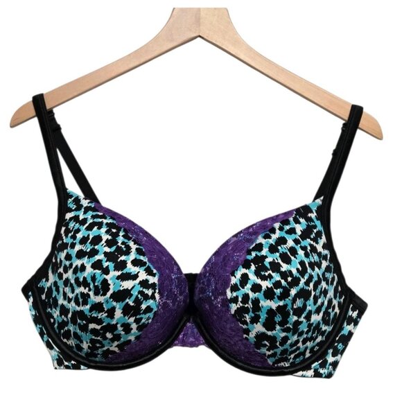 Cacique Underwire Bra Womens Size 40DD Blue Animal Print Lace Trim Light Padding - Picture 3 of 8